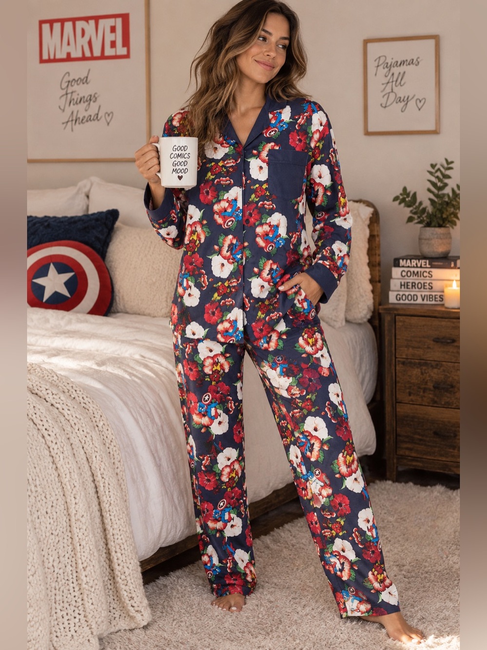 Marvel Captain America Floral Flannel Pajama Set Unisex Cozy Button Front